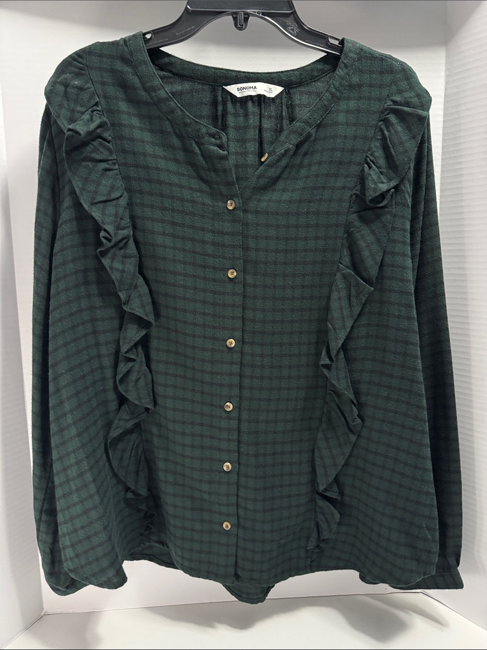 Sonoma Green Plaid Flannel Ruffle Button-Front Shirt